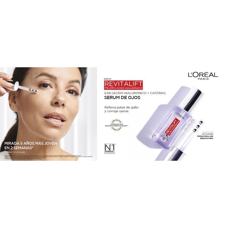 L'Oréal Paris Revitalift Filler Sérum para os Olhos: 2,5% Ácido Hialurónico e Cafeína, Roll-On Triplo