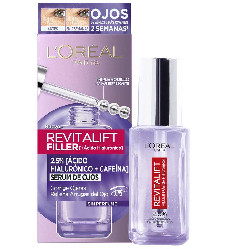 L'Oréal Paris Revitalift Filler Sérum para os Olhos: 2,5% Ácido Hialurónico e Cafeína, Roll-On Triplo