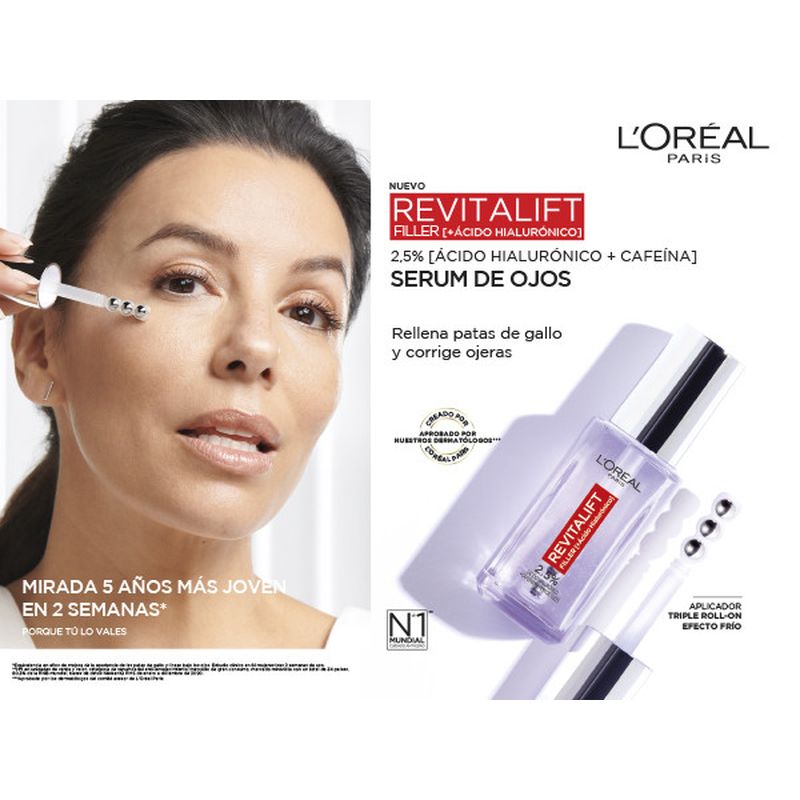 L'Oréal Paris Revitalift Filler Sérum para os Olhos: 2,5% Ácido Hialurónico e Cafeína, Roll-On Triplo