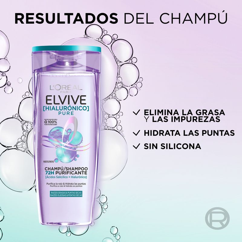 L'Oréal Paris Elvive Champô Puro Hialurónico: Limpa, Hidrata, Dá Brilho e Corpo, Sem Silicone, 400Ml