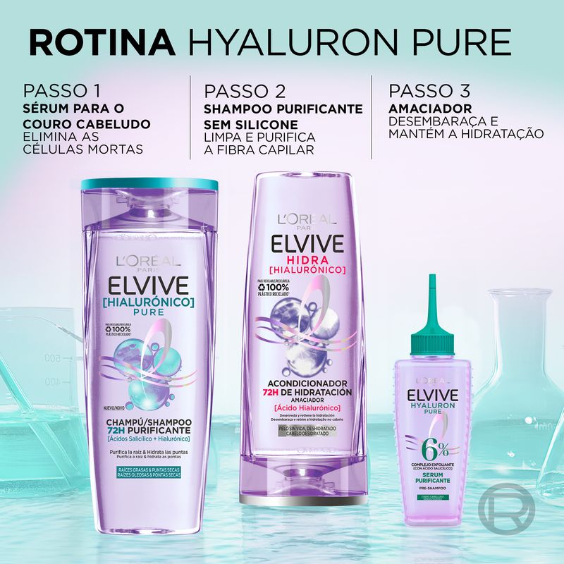 L'Oréal Paris Elvive Champô Puro Hialurónico: Limpa, Hidrata, Dá Brilho e Corpo, Sem Silicone, 400Ml