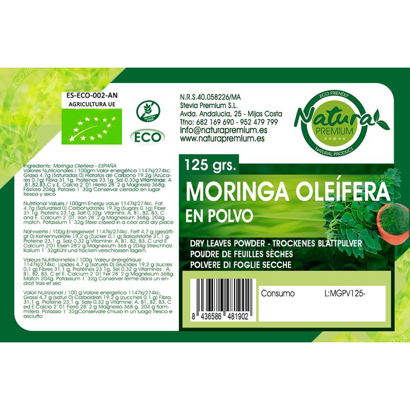 Natura Premium Pó de Moringa Orgânica Moída, 125 g