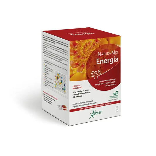 Aboca Natura Mix Energia Avançada Energia Física e Mental, com Gynseng, Guaraná, Eleutherococcus e Cianidina -3, 28 saquetas