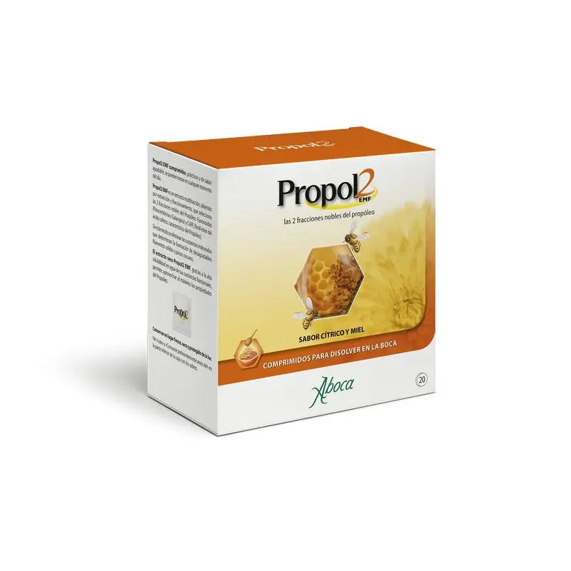 Aboca Propol 2Emf Tablets Caixa de 20 comprimidos Própolis, dor de garganta e ferida na boca, sabor a citrinos e mel