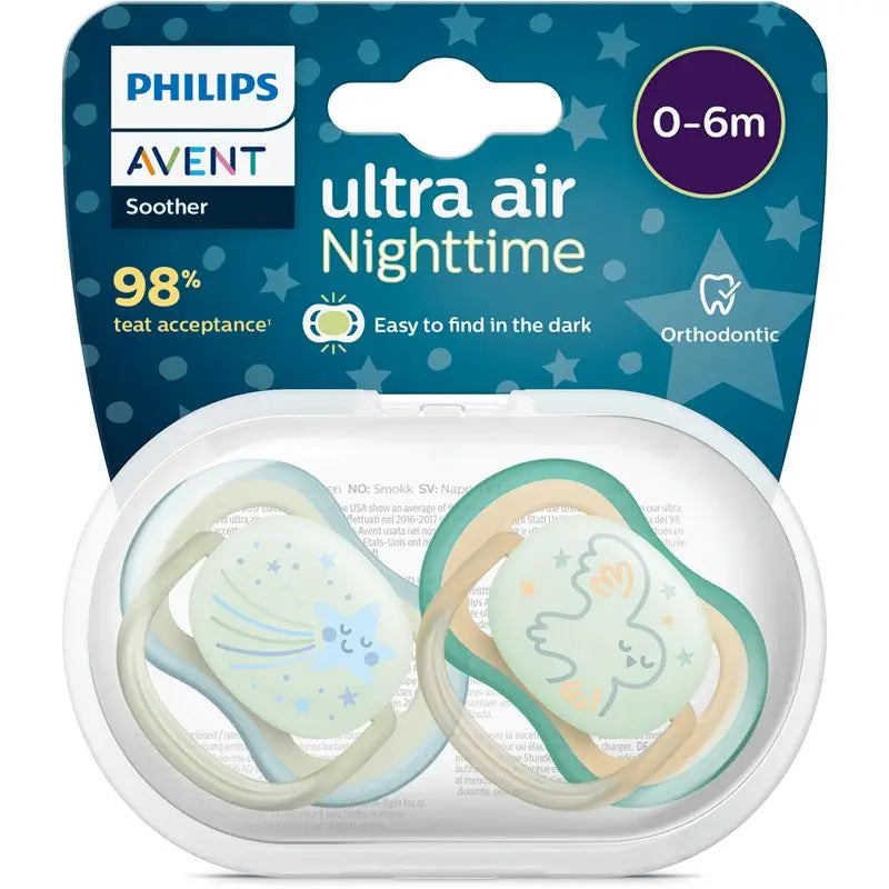 Avent Chupetes Ultra Air 0-6 Meses Niño - Nocturno , 2 unidades