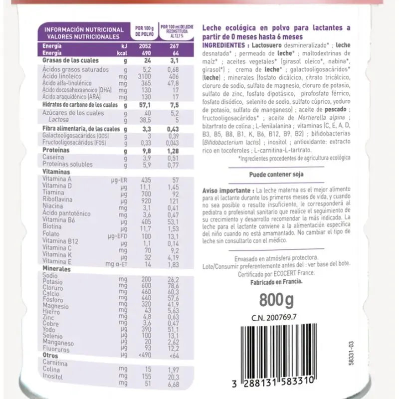 Babybio Pack Optima 1 Leite de vaca 0-6 meses, 2 x 800 gramas