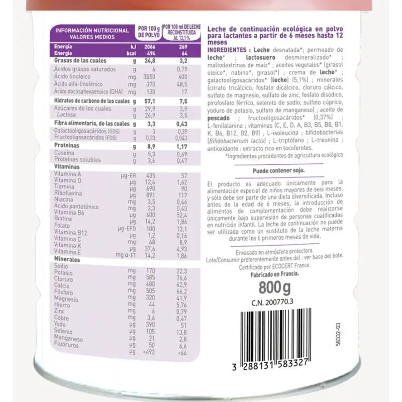 Babybio Optima 2 Leite de vaca +6 meses, embalagem de 4 x 800 gramas