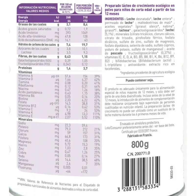 Babybio Optima 3 Leite de vaca 12-36 meses, embalagem de 12 x 800 gramas