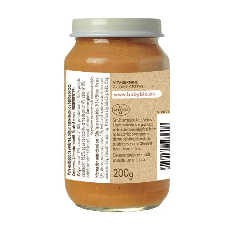 Bebébio Vegetais Bulgur Frango & Bebida de Coco, 200 g