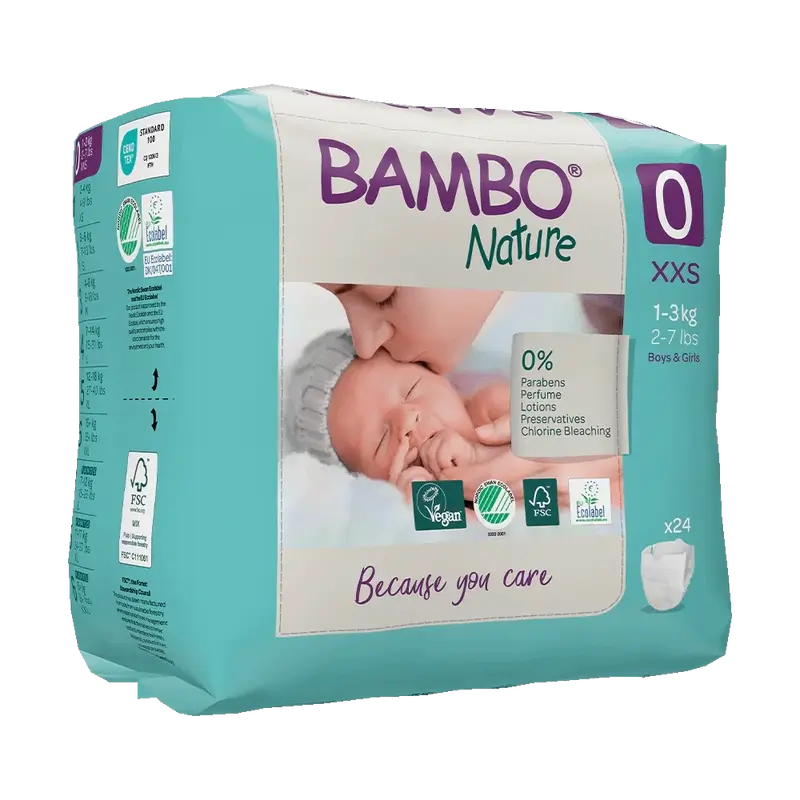 Fraldas Bambo Nature Tamanho 0 (1-3Kg), 24 unidades.