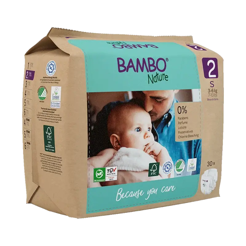 Fraldas Bambo Nature tamanho 2 (3-6Kg), 30 unidades.