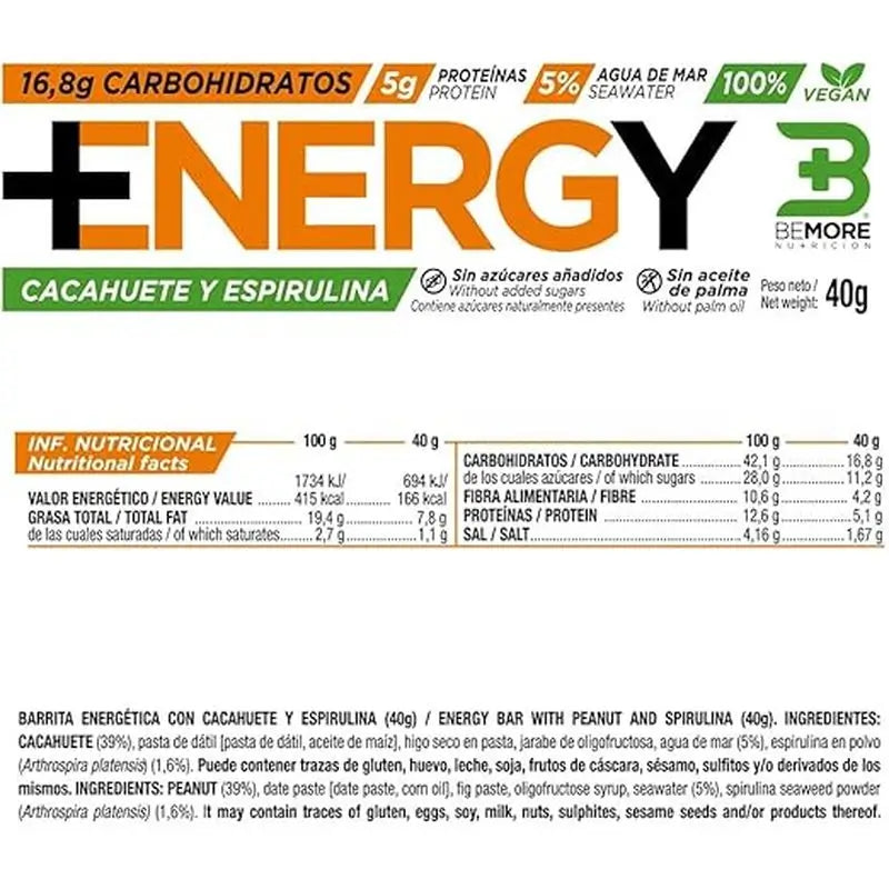 Bemore Barrita Energética+ Energy Sabor Cacahuete y Espirulina