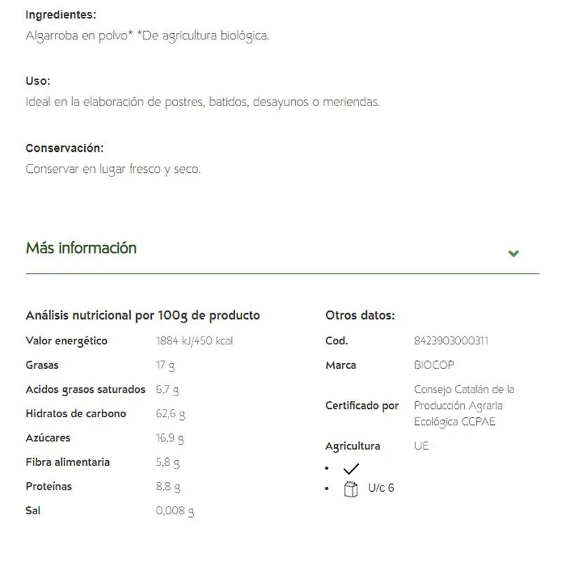 Biocop Alfarroba em pó 250Gr. Bio