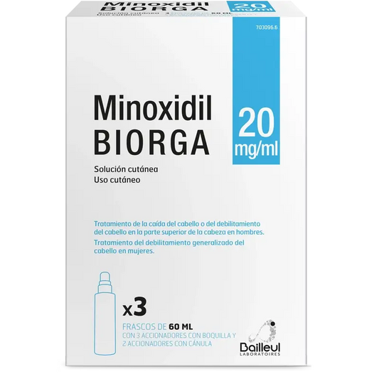 Biorga 20 Mg/ ml Minoxidil Cutaneous Solution 3 Frascos 60 ml + 3 Actuadores de Bico e 2 Actuadores de Cânula