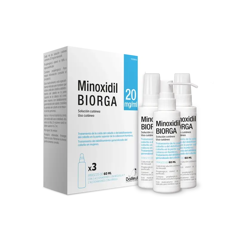 Biorga 20 Mg/ ml Minoxidil Cutaneous Solution 3 Frascos 60 ml + 3 Actuadores de Bico e 2 Actuadores de Cânula