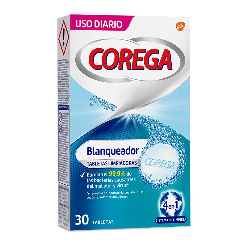 Corega Blanqueador Tabletas Limpiadoras, 30 unidades