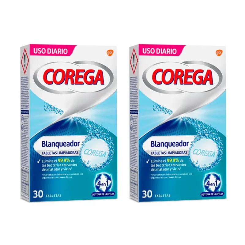 Corega Duplo Whitening Pastilhas de limpeza branqueadoras, 2 x 30 pcs.