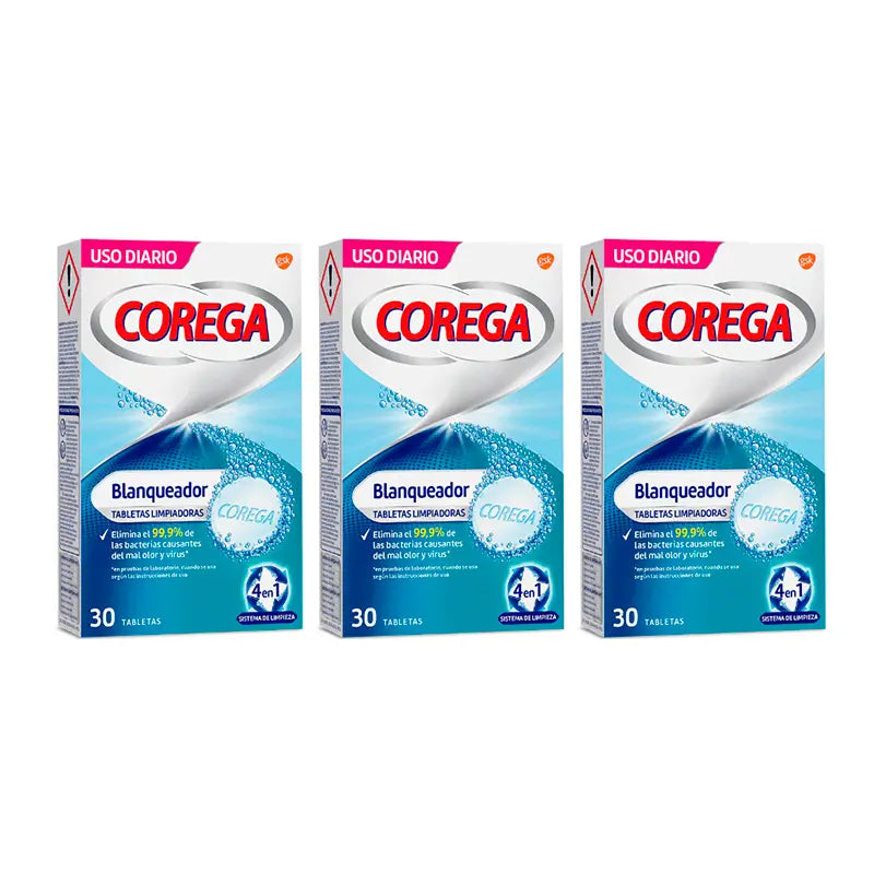 Corega Triplo Whitening Comprimidos de limpeza branqueadores, 3 x 30 unid.