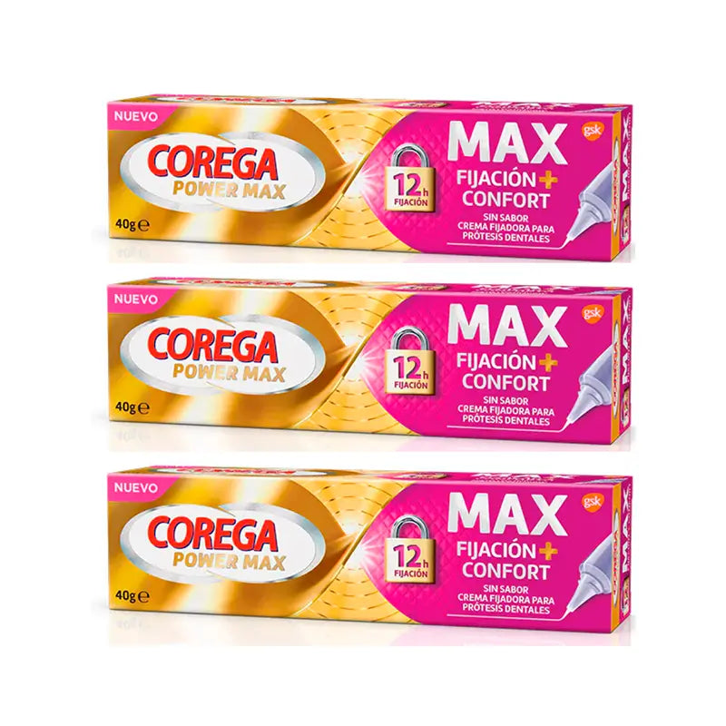 Corega Triplo Max Fixation + Comfort Creme Fixador para Dentaduras, 3 x 40 gr