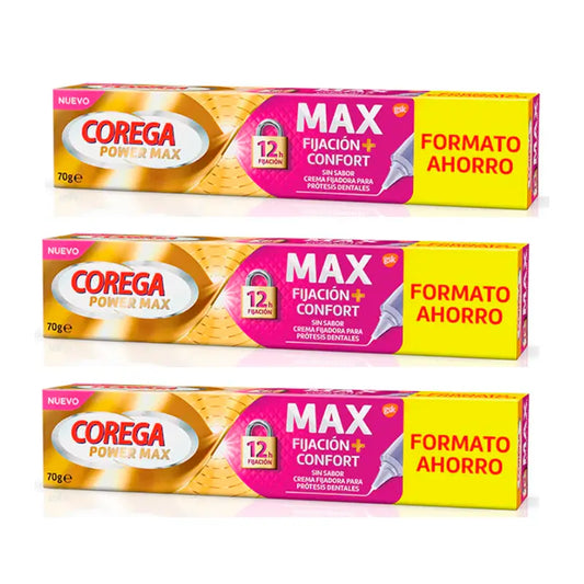 Corega Triplo Max Fixation + Comfort Creme Fixador para Dentaduras, 3 x 70 gr