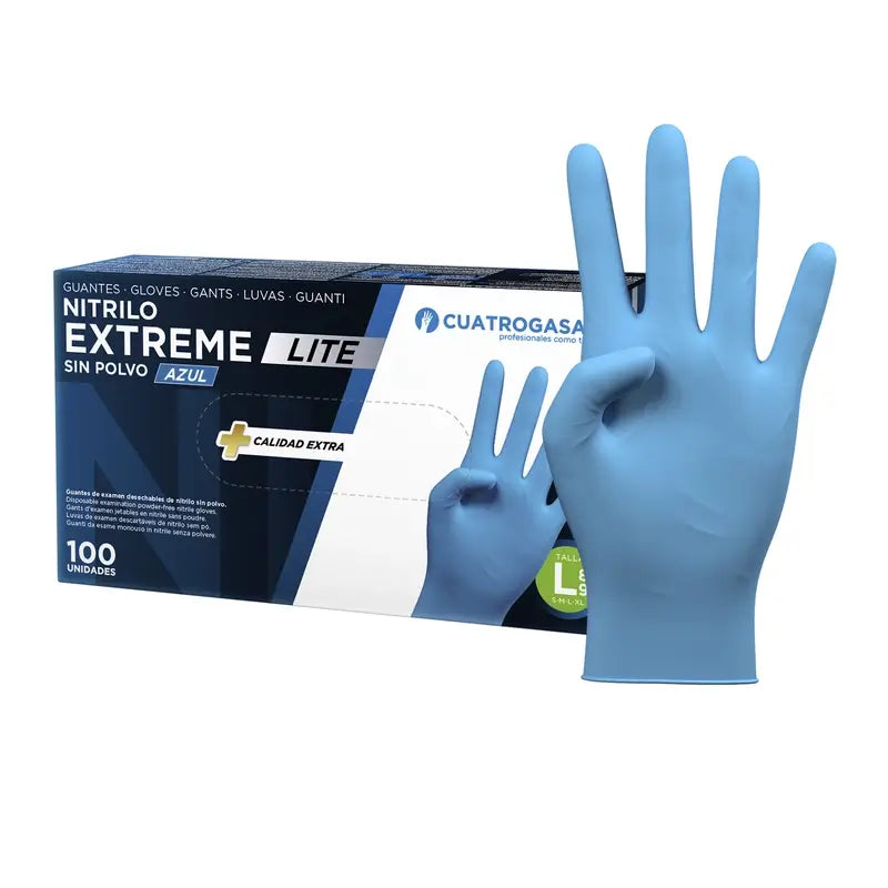 Cuatrogasa Extreme Lite Luvas de nitrilo sem pó Azul Tamanho L, 100 unidades