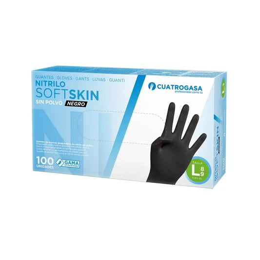 Cuatrogasa Nitrile Softskin Powder Free Gloves Preto Tamanho L, 100 unidades.