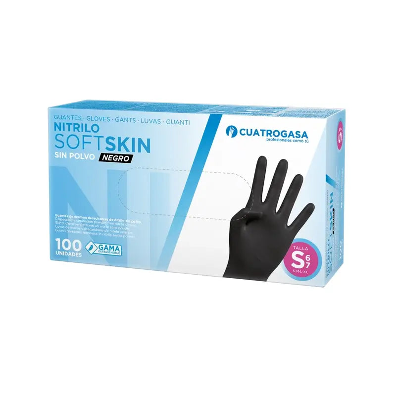 Cuatrogasa Nitrile Softskin Powder Free Gloves Preto Tamanho S, 100 unidades.