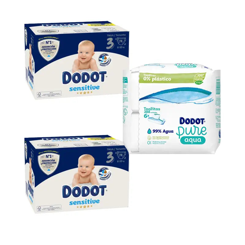 Dodot Pack 2X Sensitive Fralda Recém Nascido Box Tamanho 3, 74 unidades + Toalhetes Pure Aqua bebé, 288 Unidades