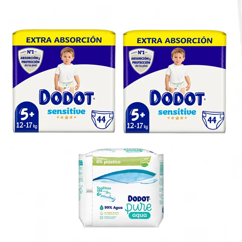 Dodot Sensitive Extra-Jumbo Pack Talla 5, 2 x 44 uds + Toallitas Pure Aqua Para Bebé 288 Unidades