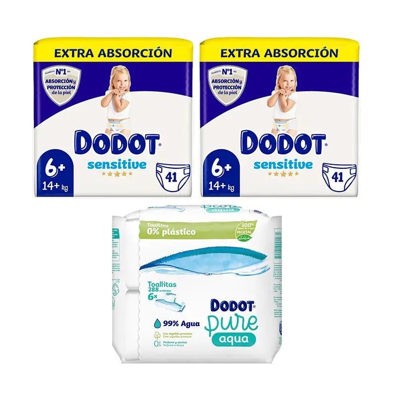 Dodot Sensitive Extra-Jumbo Pack Talla 6, 2 x 41 uds + Toallitas Pure Aqua Para Bebé 288 Unidades