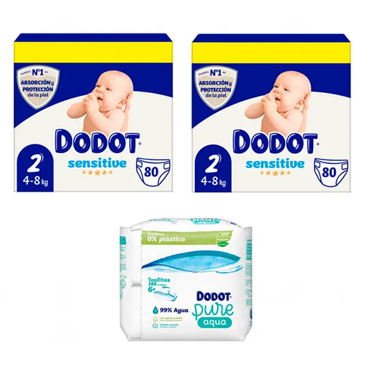 Dodot Sensitive Fralda para recém-nascido tamanho 2, 2 x 80 unidades + Pure Aqua Baby Wipes 288 unidades.