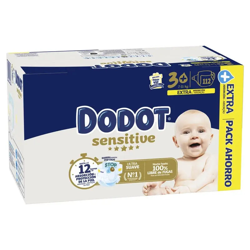 Dodot Sensitive Tamanho 3+, para bebé, 7Kg-11Kg , 112 fraldas