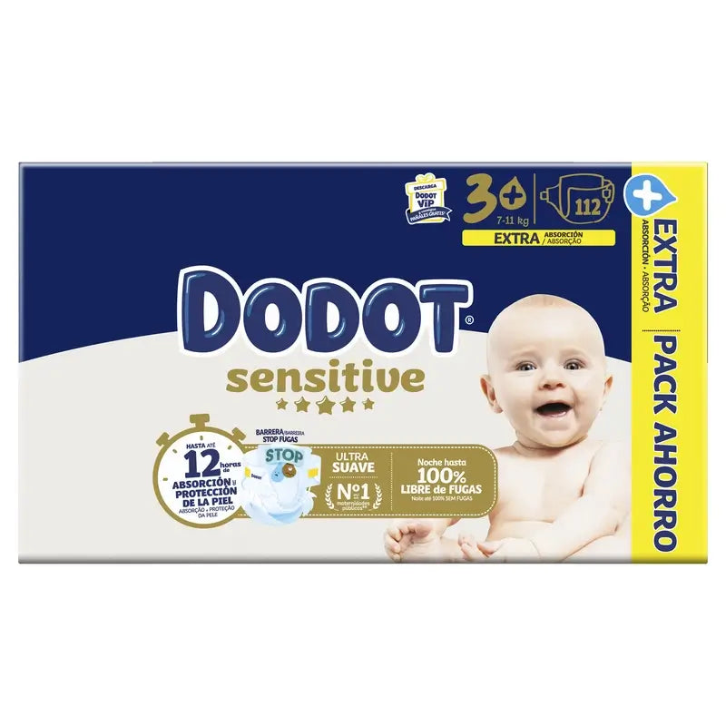 Dodot Sensitive Tamanho 3+, para bebé, 7Kg-11Kg , 112 fraldas