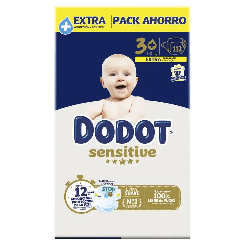 Dodot Sensitive Tamanho 3+, para bebé, 7Kg-11Kg , 112 fraldas