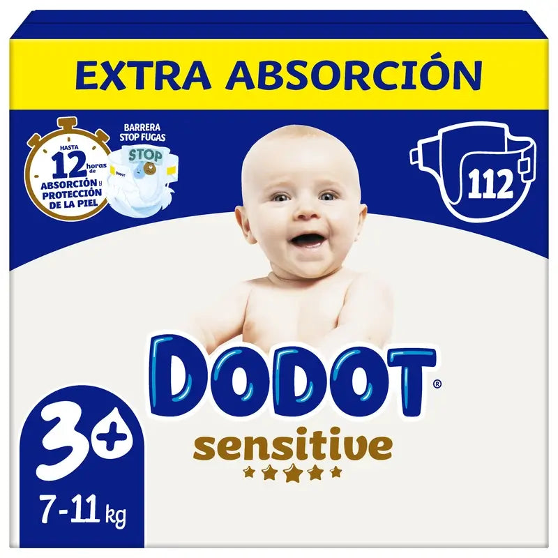 Dodot Sensitive Tamanho 3+, para bebé, 7Kg-11Kg , 112 fraldas