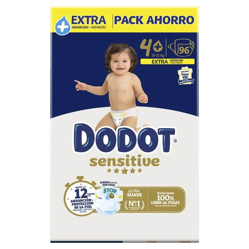 Dodot Sensitive Tamanho 4+, para bebé, 10Kg-15Kg , 96 fraldas