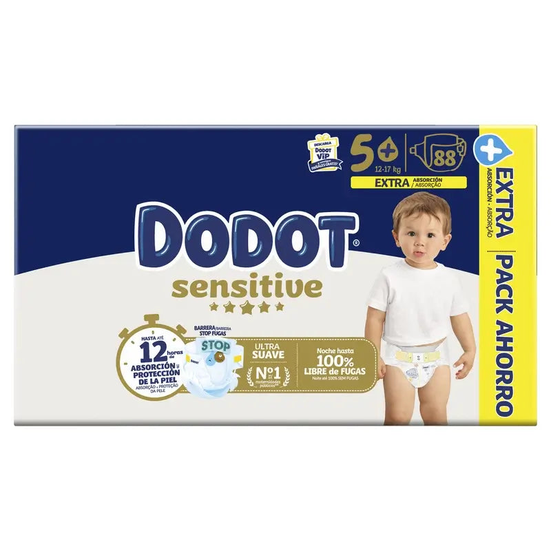 Dodot Sensitive Tamanho 5+ para bebé, 12Kg-17Kg , 88 fraldas