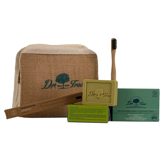 Saco de toilette Dr. Tree Kit de viagem Champô Gel Sólido + Escova de Dentes Bambu