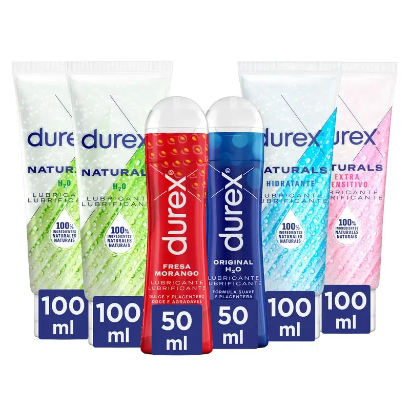 Durex Pack Lubrificantes Nat, 2x100Ml + Ácido Hialurónico, 100 Ml + Extra Sensível, 100 Ml + Original, 50 Ml + Morango, 50 Ml