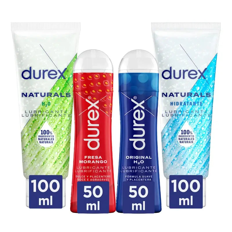 Durex Pack Lubrificantes Natural, 100 Ml + Original, 50 Ml + Naturals Ácido Hialurónico, 100 Ml + Morango, 50 Ml