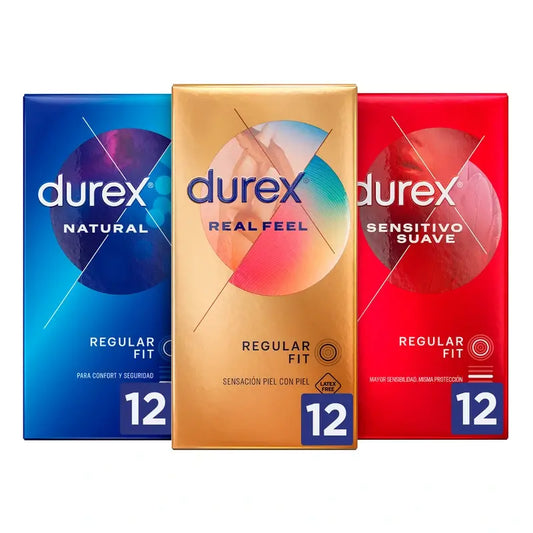 Durex Pack Preservativos Originais Natural Plus, 12 unid. + Sensitive Soft, 12 unid. + Real Feel, 12 unid.