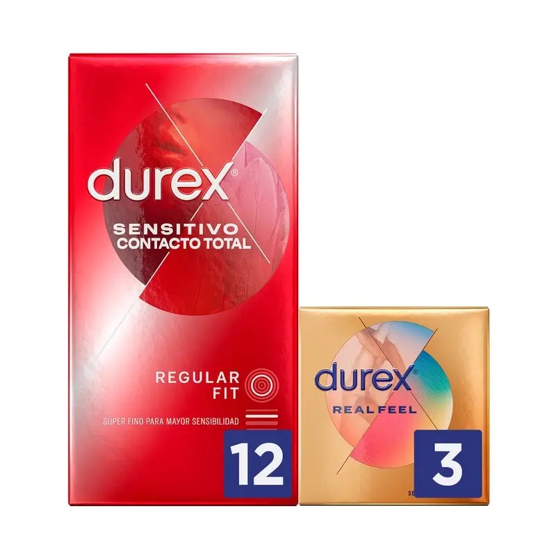 DUREX Preservativos totais de contato sensível 12 unidades + sensação real 3 unidades