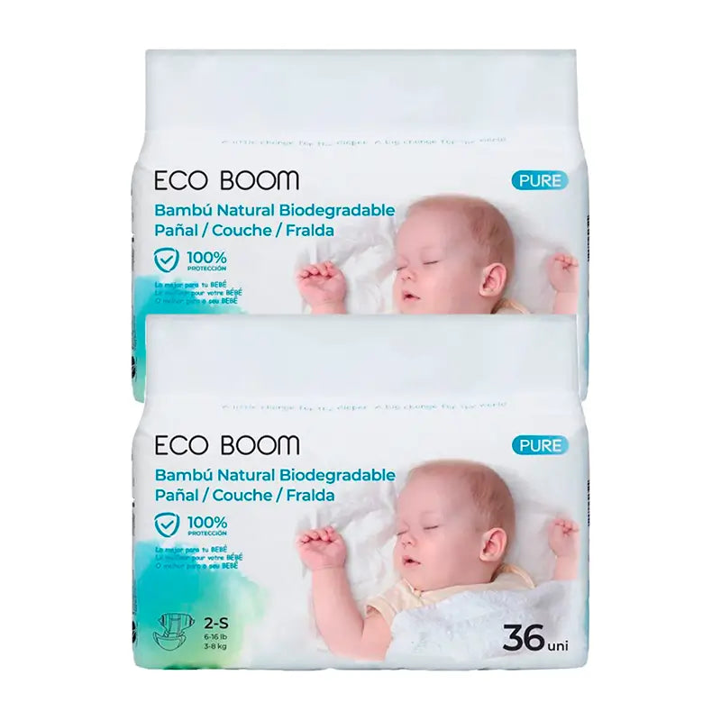 Eco Boom Pack 2X Pure S 2 Bamboo Nappies, 72 unidades.