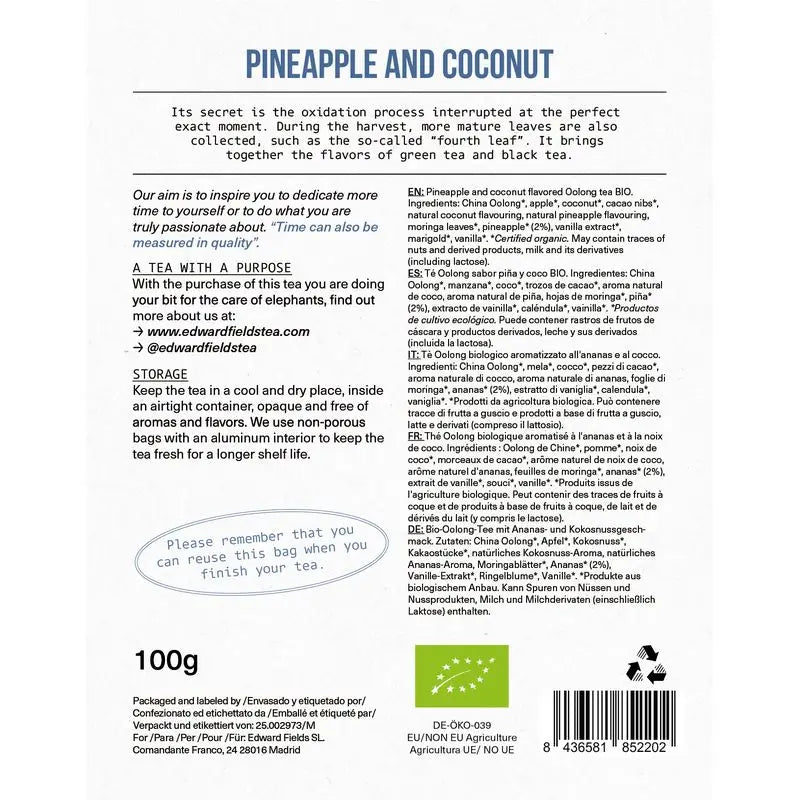Chá Edward Fields Chá Oolong Azul Orgânico a granel com Ananás e Coco 50 chávenas , 100 gramas