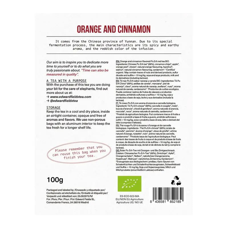 Chá Edward Fields Chá Orgânico Pu Erh Vermelho a Granel com Canela e Laranja 50 Chávenas , 100 gramas