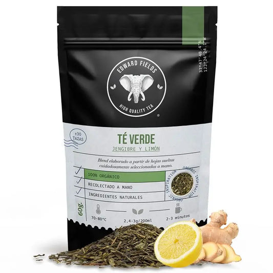 Edward Fields Tea Té Verde  Ecológico A Granel Con Jengibre Y Limón 30 Tazas , 60 gr