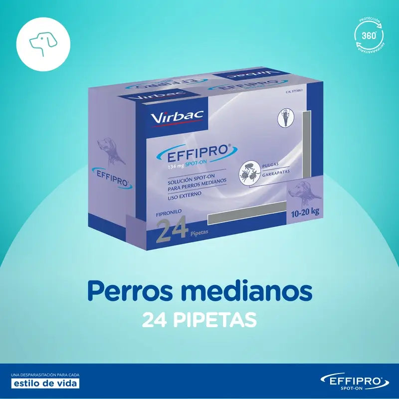 Effipro 134 Mg Spot-On Cães Médios 10-20 kg, 24 Pipetas