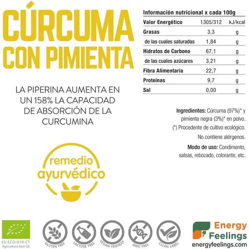 Energy Feelings Curcuma com Pimenta em Pó 1Kg. Eco Vegan Sg