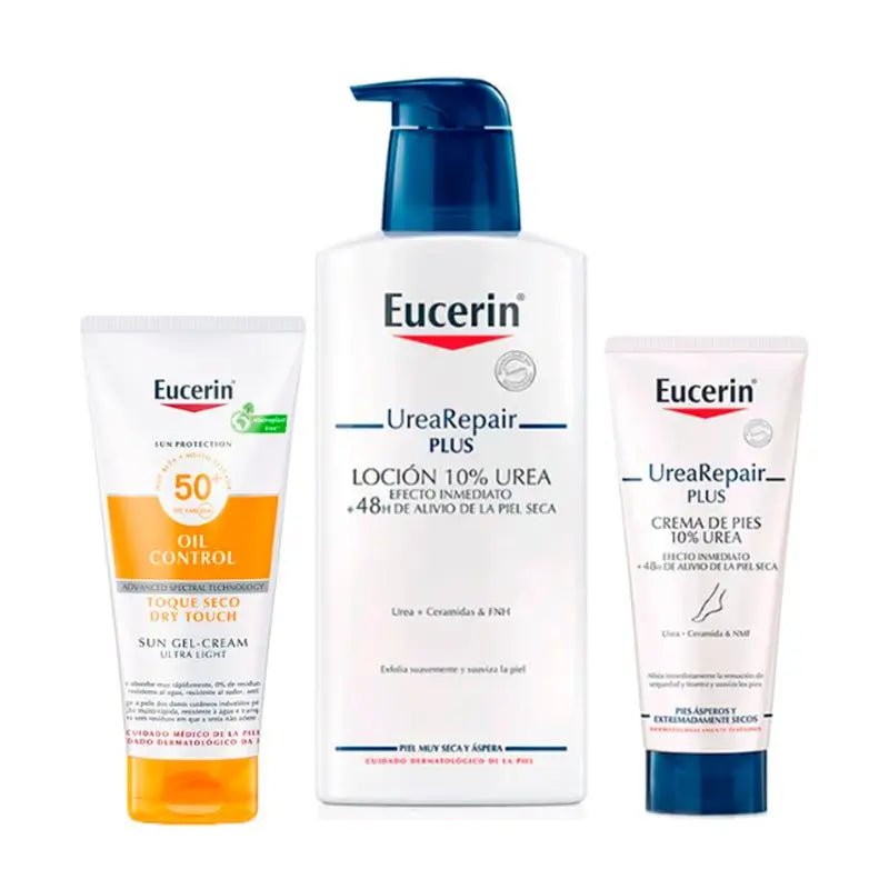 Eucerin Pack Gel Creme Toque Seco Spf 50, 200Ml, Creme Reparador para os Pés 100Ml, Loção de Ureia 10% 400 Ml