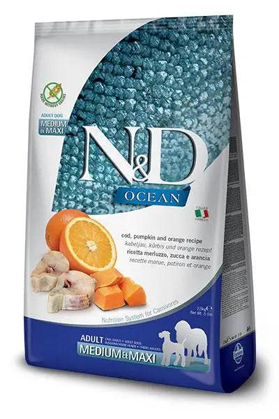 Farmina N&D Dog Ocean Calabaza Medium Maxi Bacalao 12Kg, pienso para perros